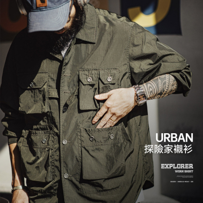 美式復古獵裝襯衫薄款梭織多口袋軍綠色長袖襯衫外套男春