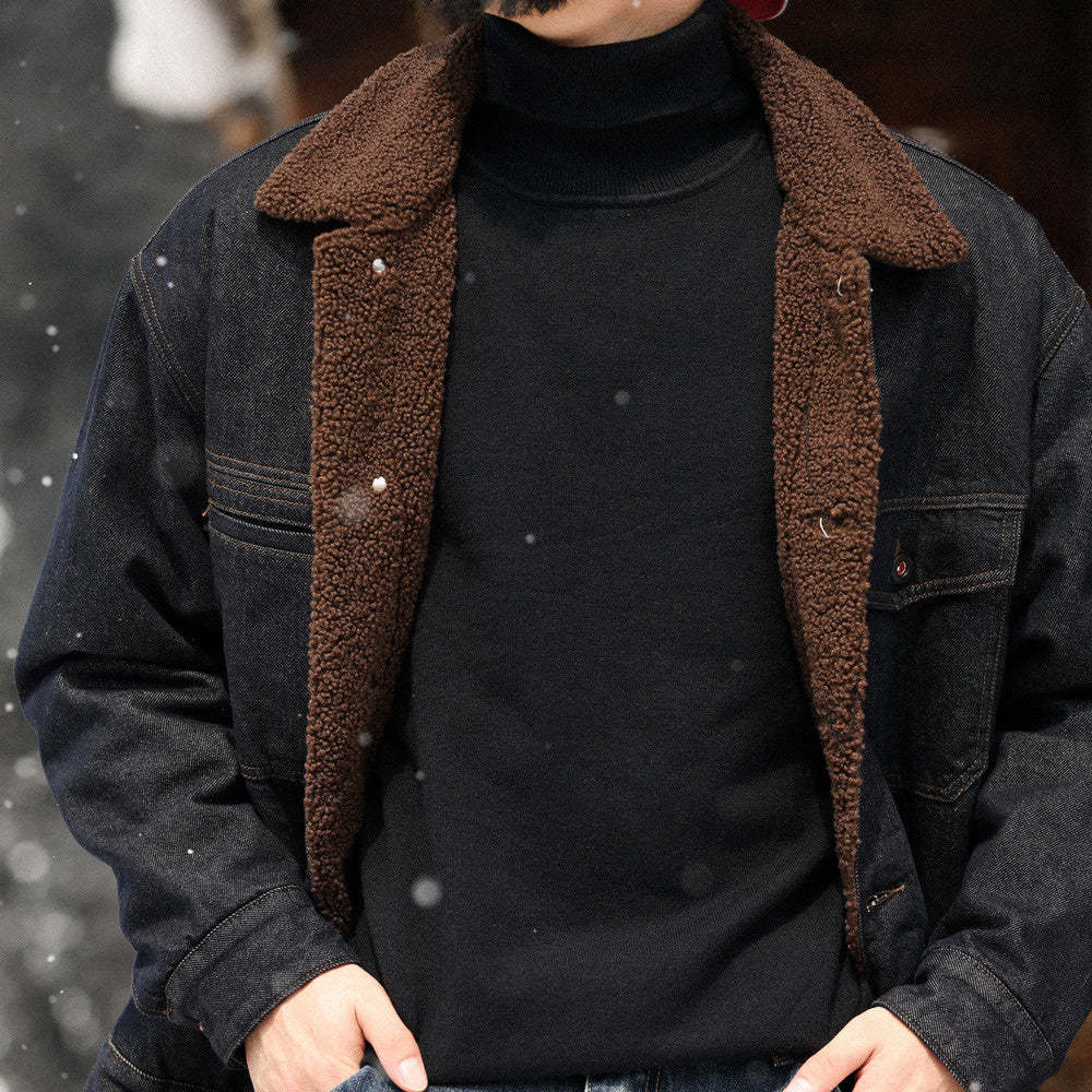 美式復古重磅羊羔絨外套男加絨加厚原色牛仔夾克棉衣冬