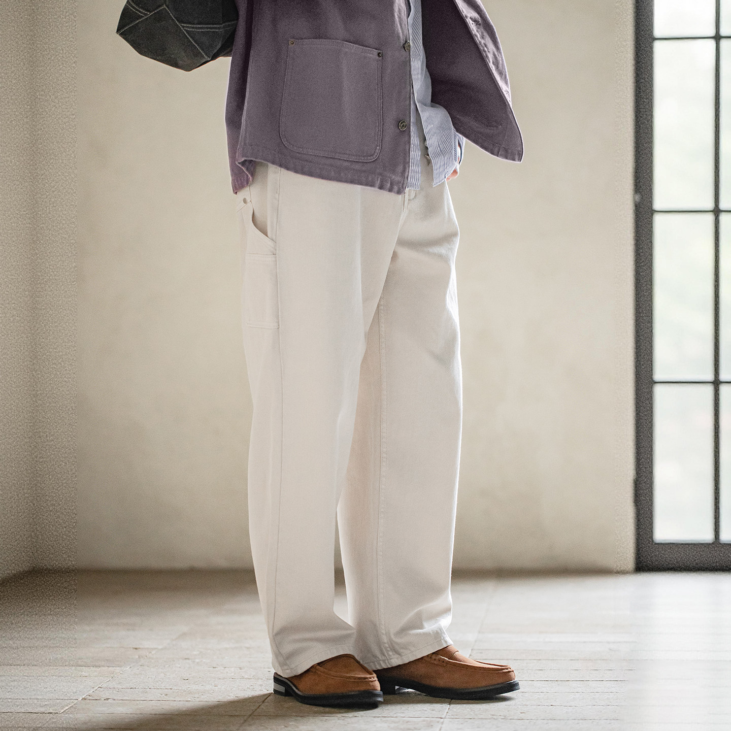 MRA 白色B01伐木工裝水洗牛仔褲純棉直筒多口袋休閒長褲男春秋