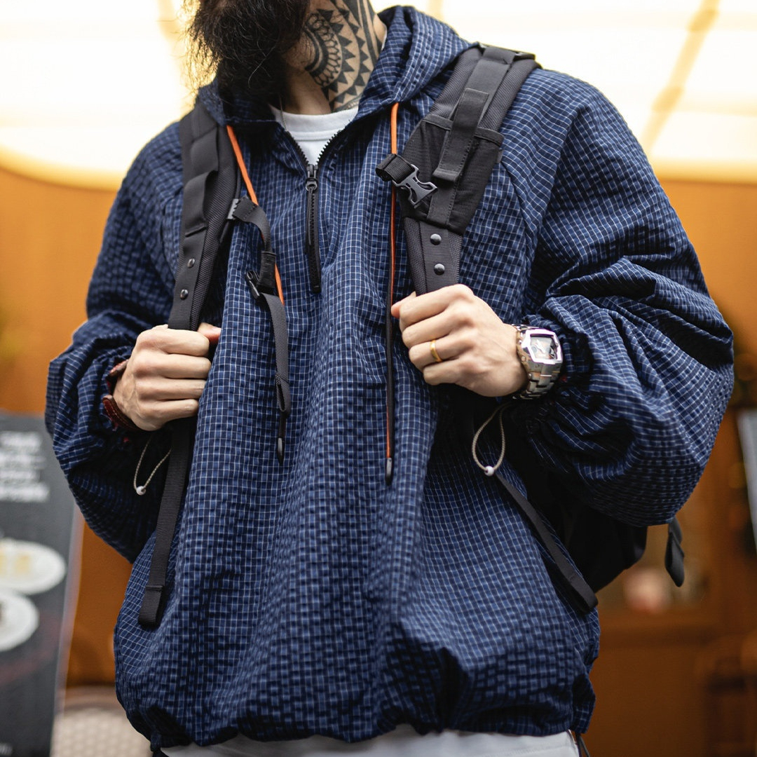 美式半拉鍊連帽衛衣肌理感泡泡紗藍色戶外薄款外套男春季