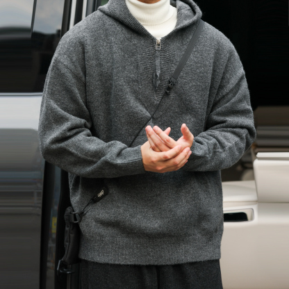 美式半拉鍊連帽毛衣外套男慵懶風750g重磅保暖針織帽衫