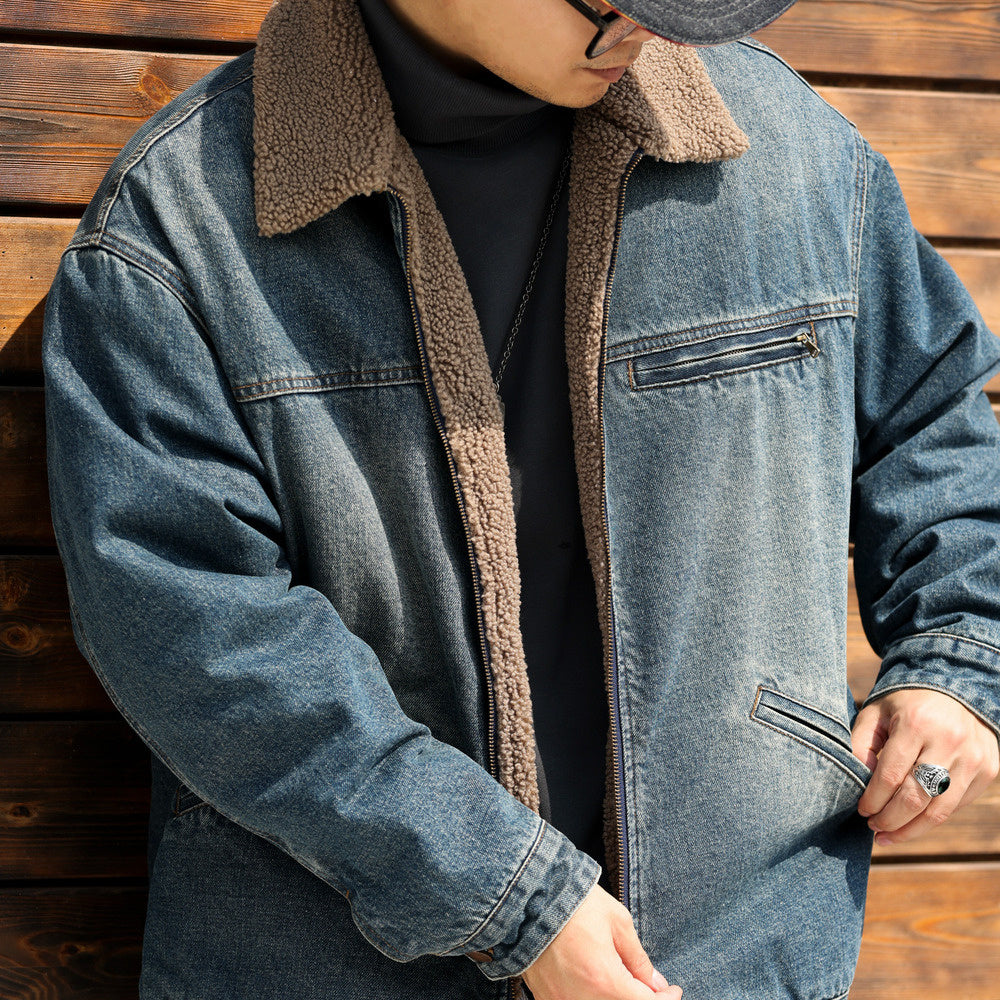 日系復古翻領羊羔絨外套男加絨加厚微闊保暖工裝牛仔夾克冬-Retro's Wear