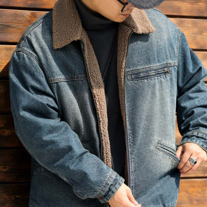 日系復古翻領羊羔絨外套男加絨加厚微闊保暖工裝牛仔夾克冬-Retro's Wear