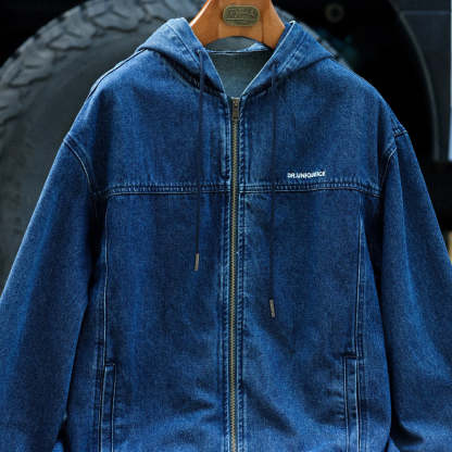 美式休閒連帽牛仔外套男寬鬆丹寧水洗重磅拉鍊工裝夾克