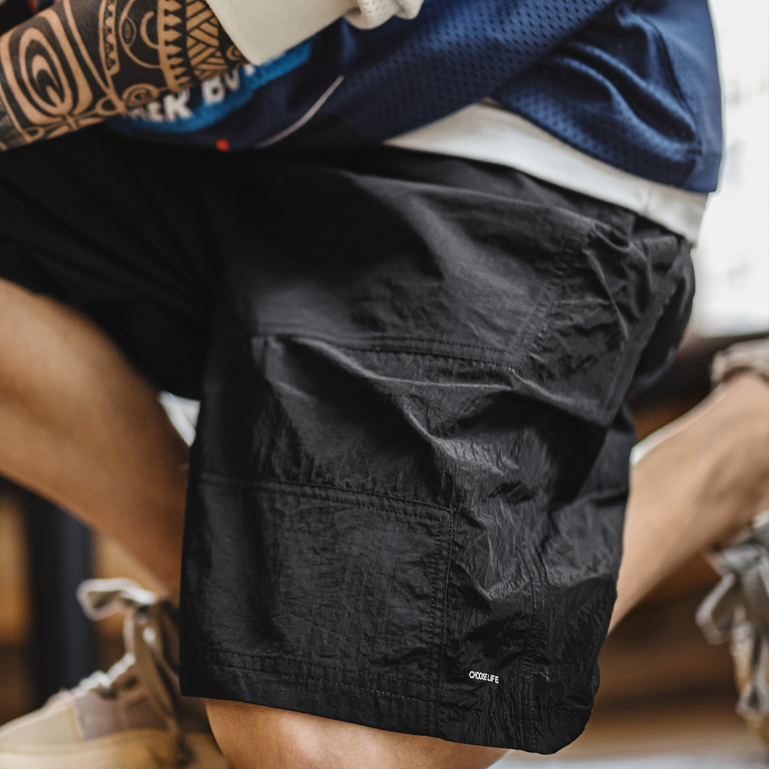 美式山系機能短褲黑色直筒尼龍薄款速幹沙灘五分褲男夏季