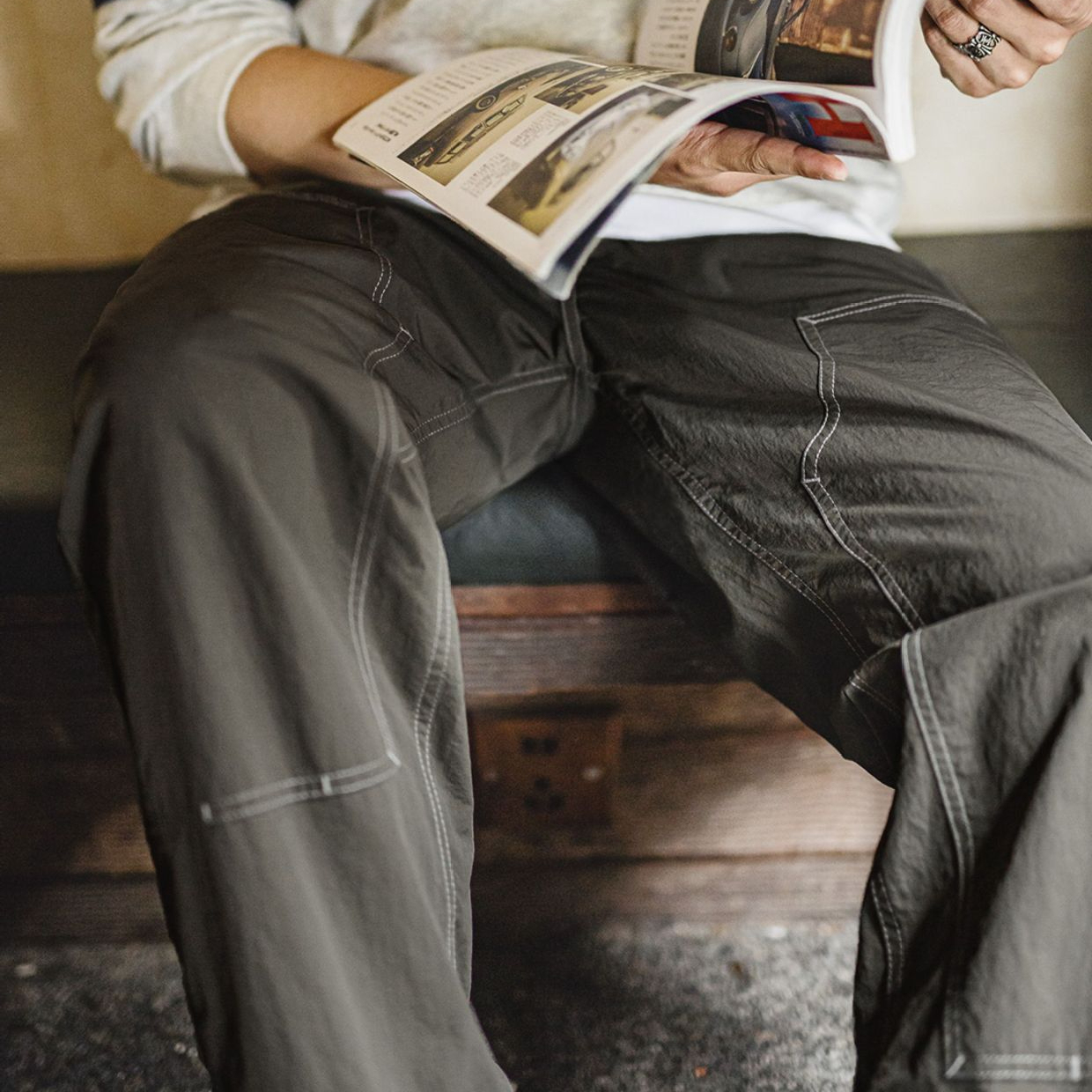 輕美式休閒雙膝伐木褲肌理感薄款垂感軍綠色長褲子男夏秋