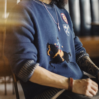 美式復古刺繡撞色毛衣保暖撞色外穿螺紋領口針織衫男秋冬