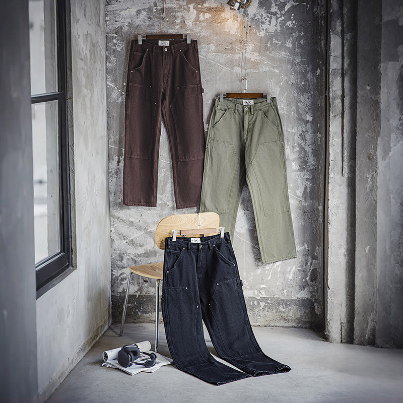 MRA美式休閒B01雙膝伐木褲直筒帆布法工褲軍綠色長褲男早秋