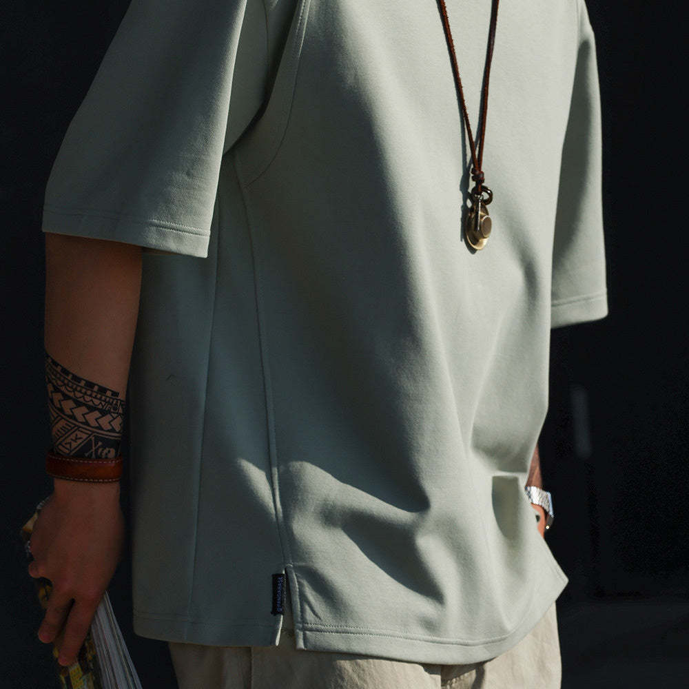 美式休閒230g太空棉短袖T恤男運動拼接開衩薄荷綠色TEE