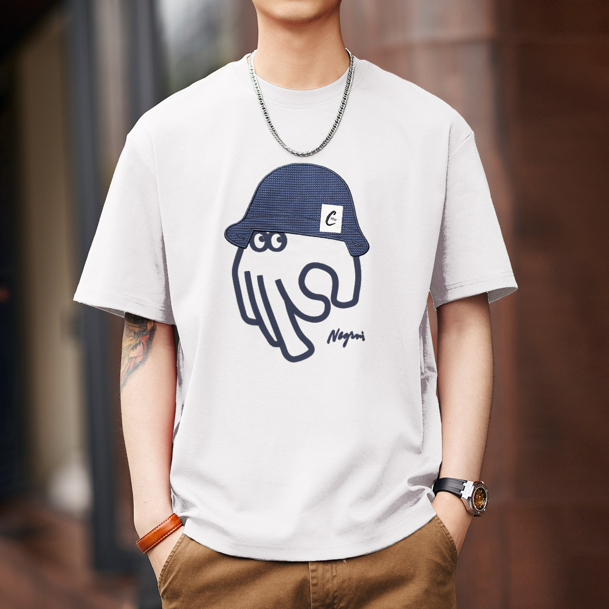 日系復古黑科技立體印花短袖T恤男士夏季寬鬆休閒圓領上衣