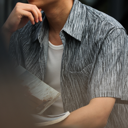 美式休閒鹅黃色短袖襯衣男褶皺紋理115g輕量感外搭襯衫