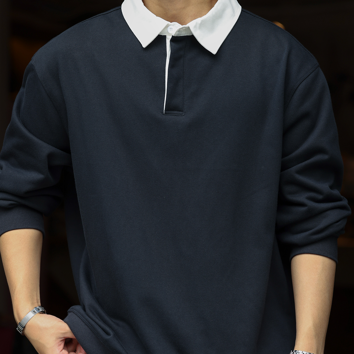 美式復古390g重磅撞色polo衫男學院風小毛圈針織衛衣秋