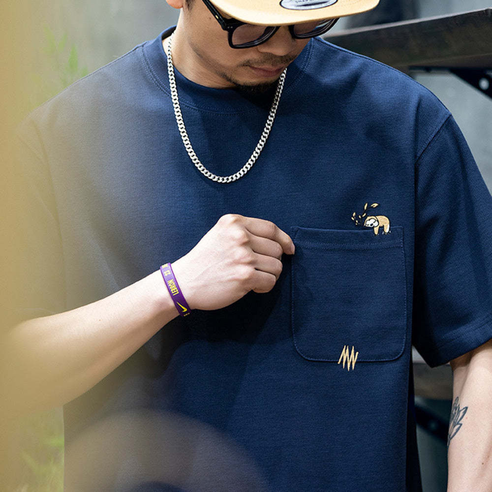 260g米格短袖t恤男夏季新款潮牌小樹懶刺繡口袋寬鬆休閒半袖T恤