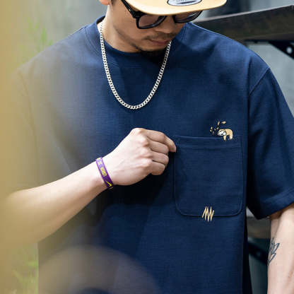 260g米格短袖t恤男夏季新款潮牌小樹懶刺繡口袋寬鬆休閒半袖T恤