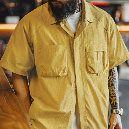 山系戶外短袖襯衫速幹黃色肌理感薄款日系口袋襯衣男款夏
