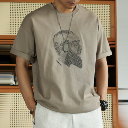 美式休閒人物線條刺繡短袖T恤男寬鬆250g棉混紡打底衫夏