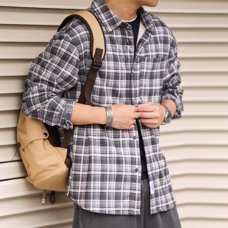 蘇格蘭格紋長袖襯衫男士寬鬆日系復古Vintage格子襯衣春