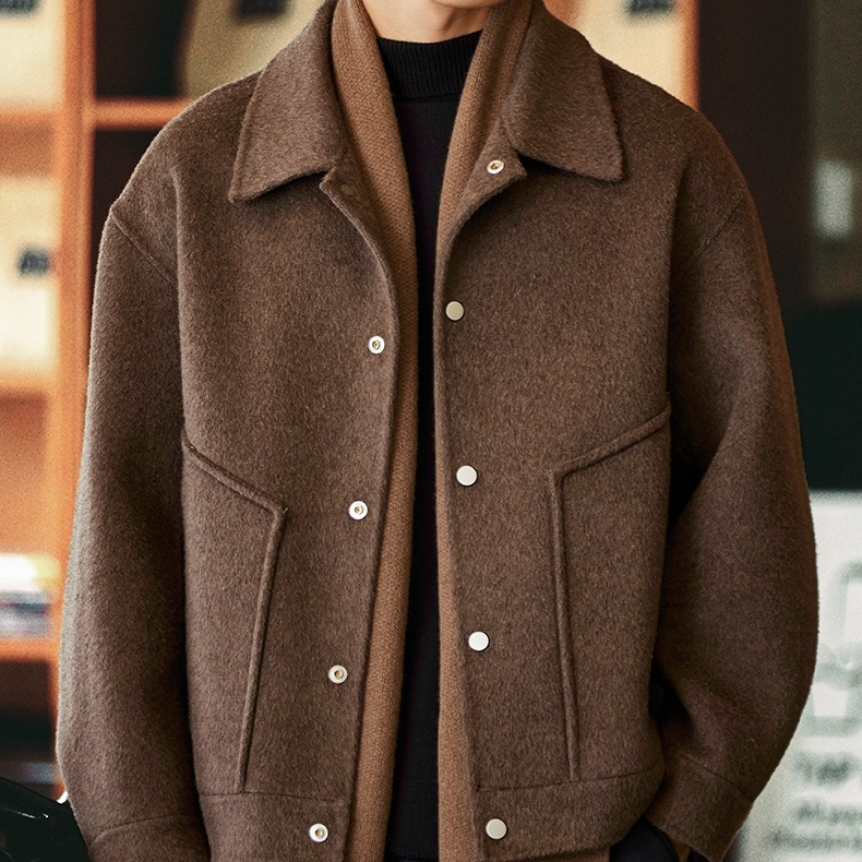 雙面呢羊毛翻領休閒夾克男2025冬季新款通勤保暖羊絨毛呢大衣外套