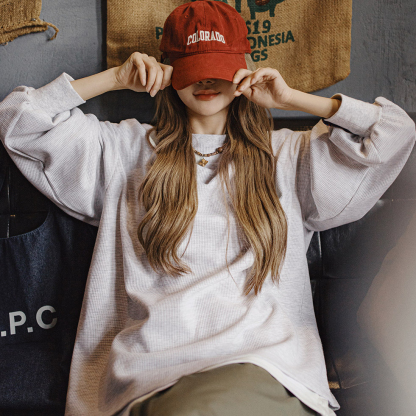 華夫格燈籠袖長袖t恤衛衣寬鬆外穿套頭落肩圓領上衣秋款女