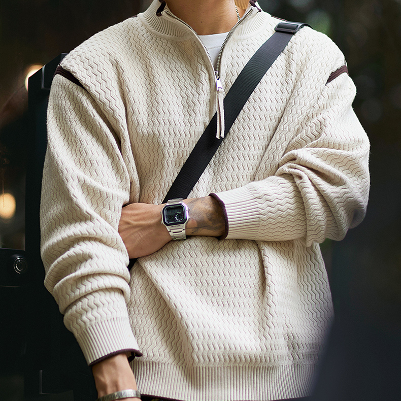 波浪肌理感立領半拉鍊毛衣男2025秋冬新款寬鬆休閒拼色針織衫上衣