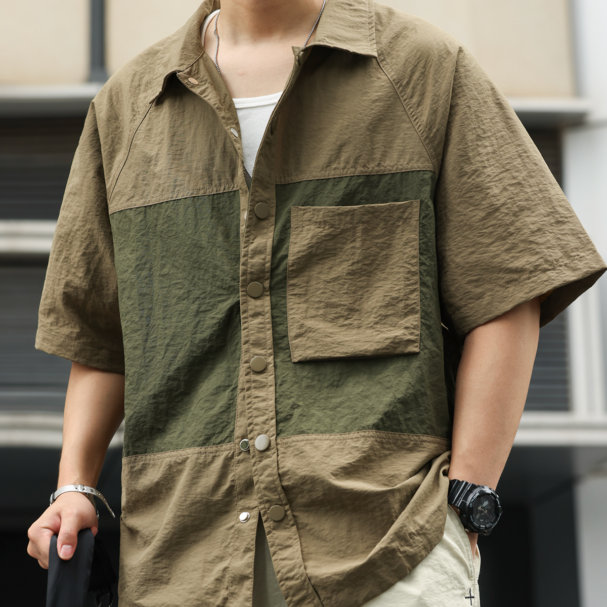 美式復古微褶肌理短袖襯衣男140g撞色拼接口袋疊穿襯衫