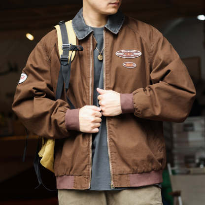 美式復古底特律夾克男廓形重磅洗褪純棉翻領撞色休閒寬鬆外套-Retro's Wear