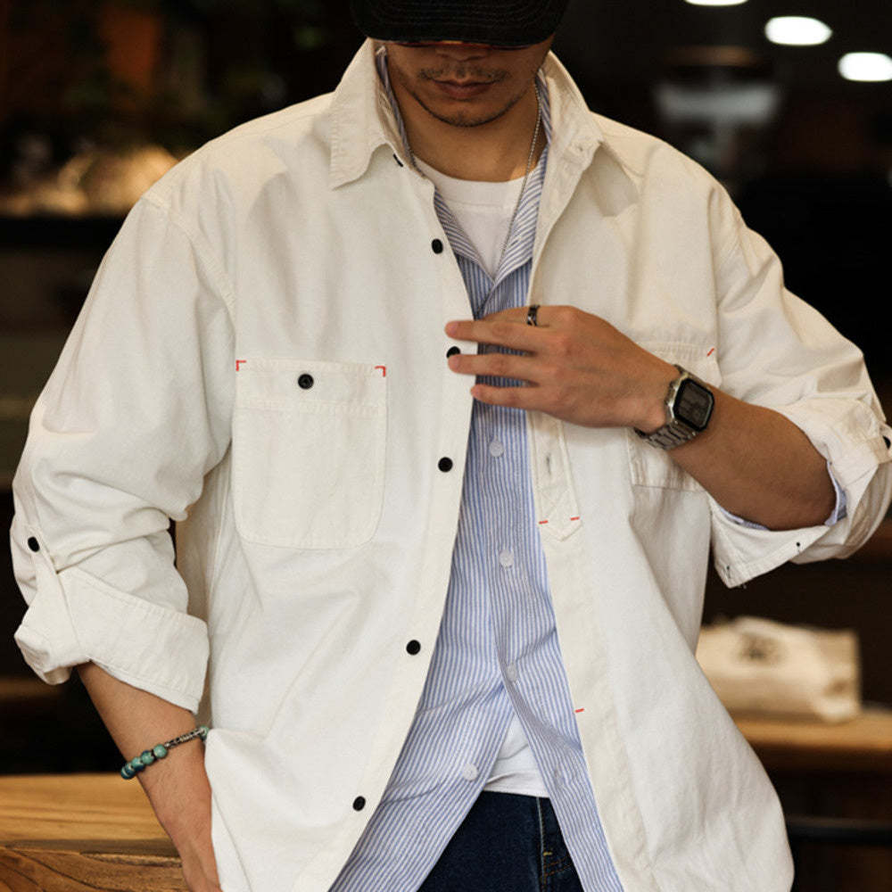 日系復古工裝襯衫男寬鬆cityboy高密純棉白色硬漢夾克外套秋-Retro's Wear