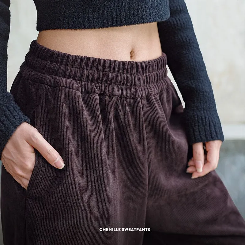 美式復古雪尼爾衛褲慵懶休閒褲寬鬆顯瘦闊腿褲直筒長褲春秋女-Retro's Wear