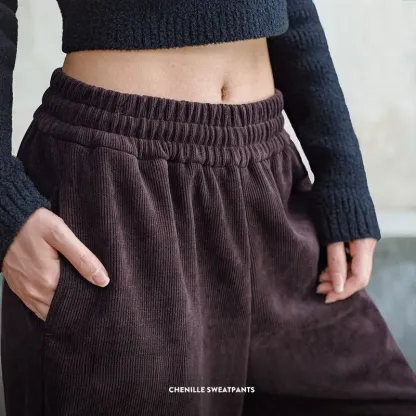 美式復古雪尼爾衛褲慵懶休閒褲寬鬆顯瘦闊腿褲直筒長褲春秋女-Retro's Wear