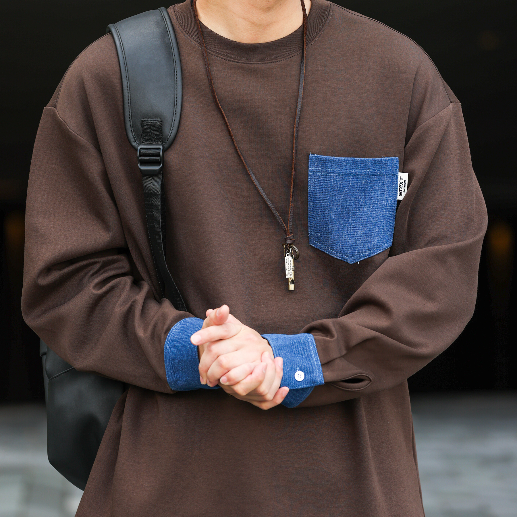 牛仔拼接袖口重磅衛衣男美式復古300g空氣層抗菌上衣秋