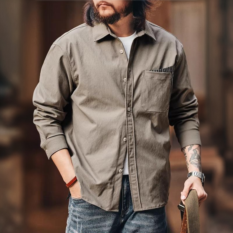 美式復古設計感撞色口袋拼接長袖襯衫男春秋季工裝襯衣外套