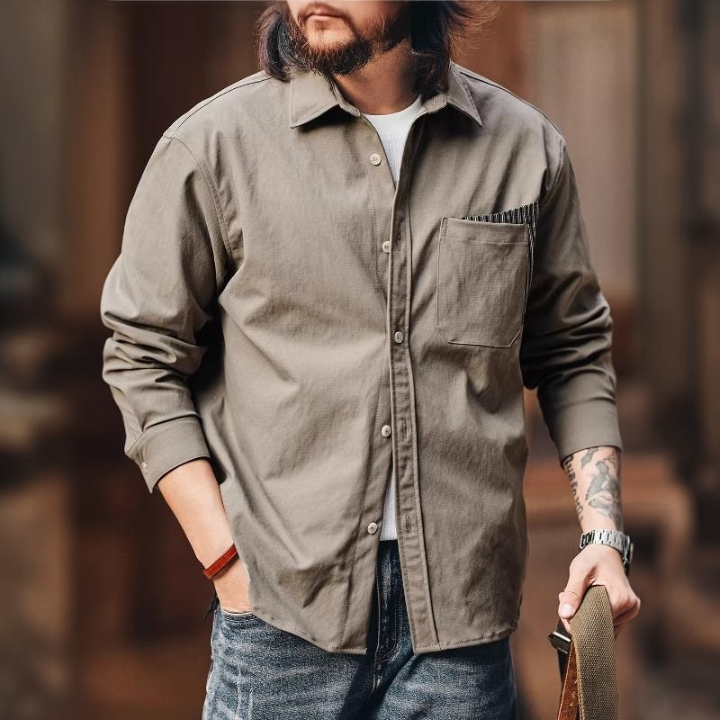 美式復古設計感撞色口袋拼接長袖襯衫男春秋季工裝襯衣外套
