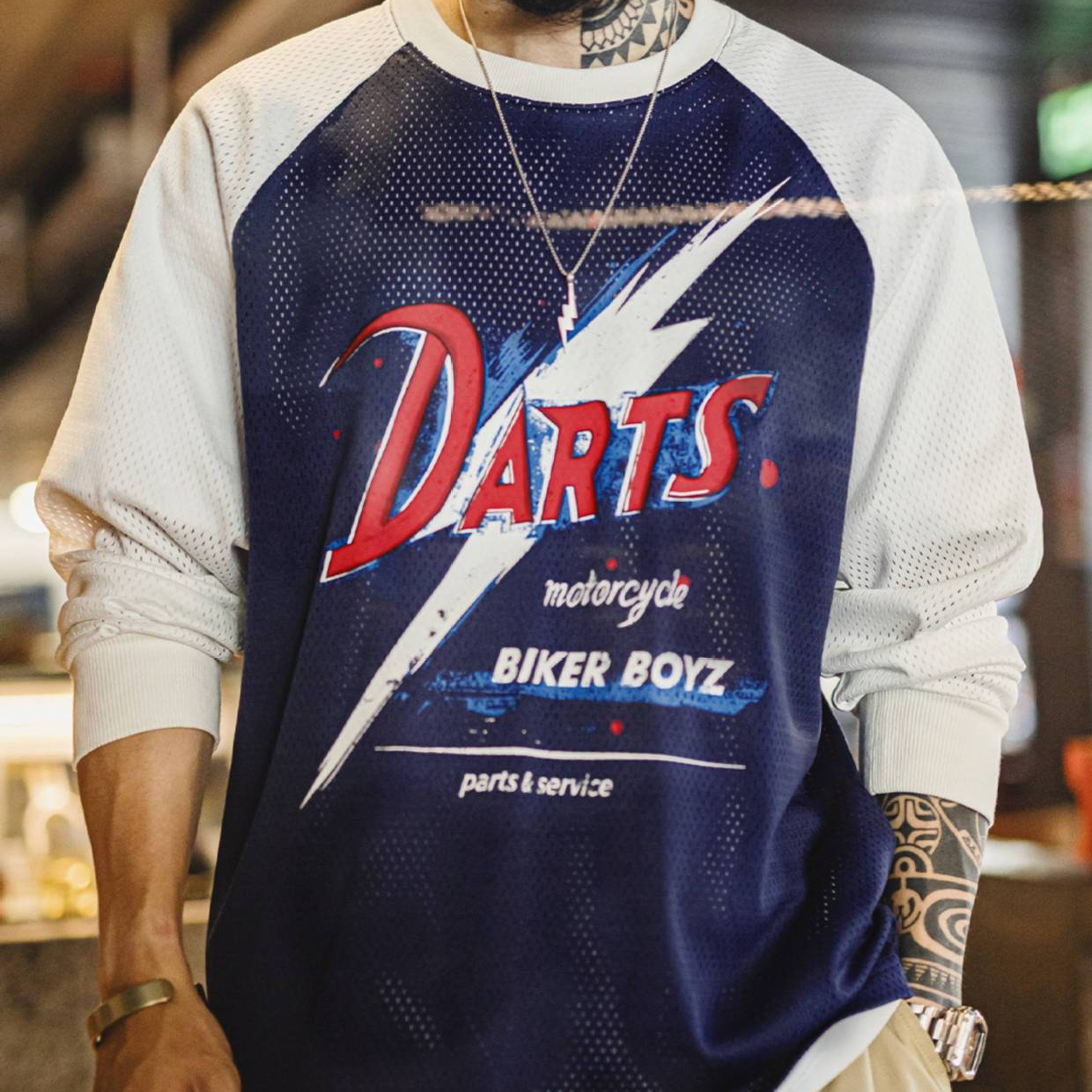 美式印花長袖T恤鏤空撞色針織插肩袖垂感套頭衛衣男夏秋