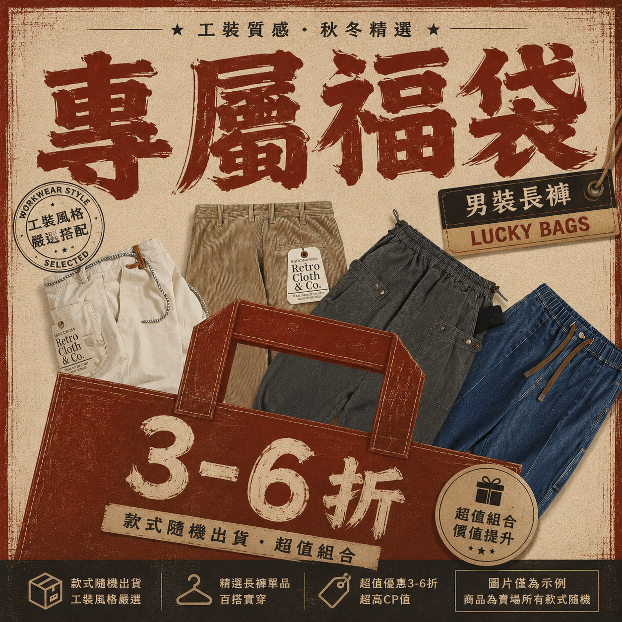 【男裝長褲福袋】非品質問題不做退換|款式不接受指定