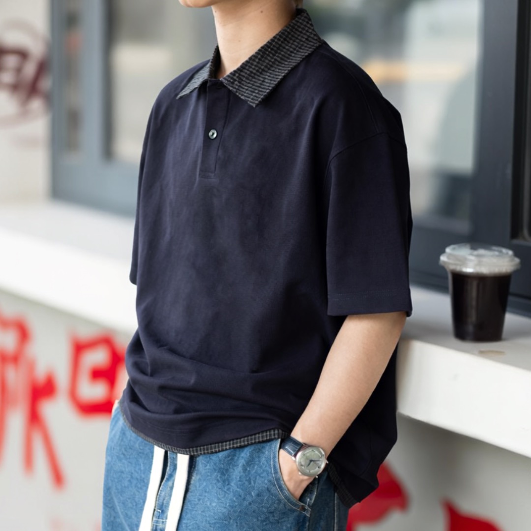 假兩件翻領POLO衫短袖夏季新款痞帥T恤落肩寬鬆上衣