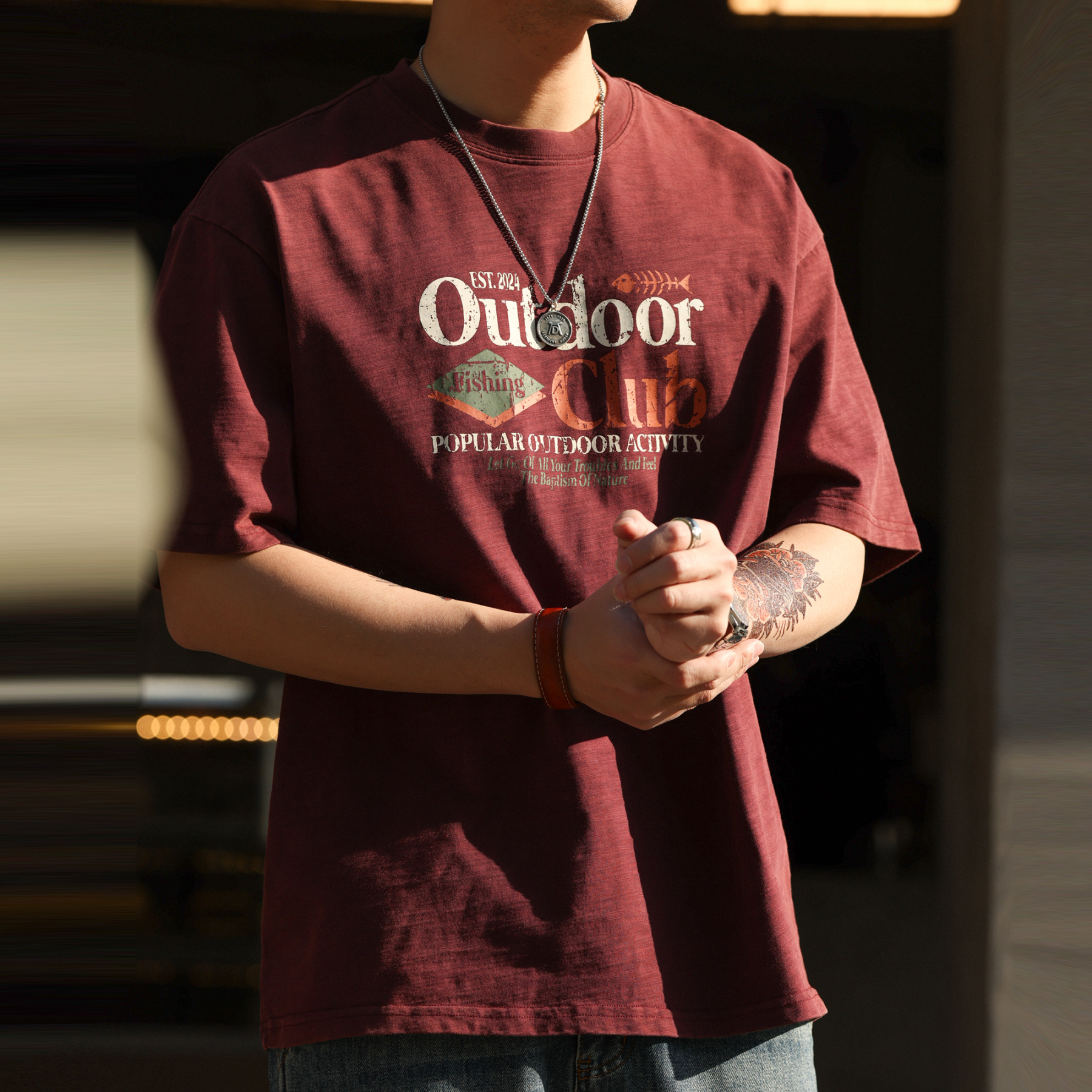 美式復古竹節棉圓領T恤男250g純棉圓領安可拉紅短袖TEE