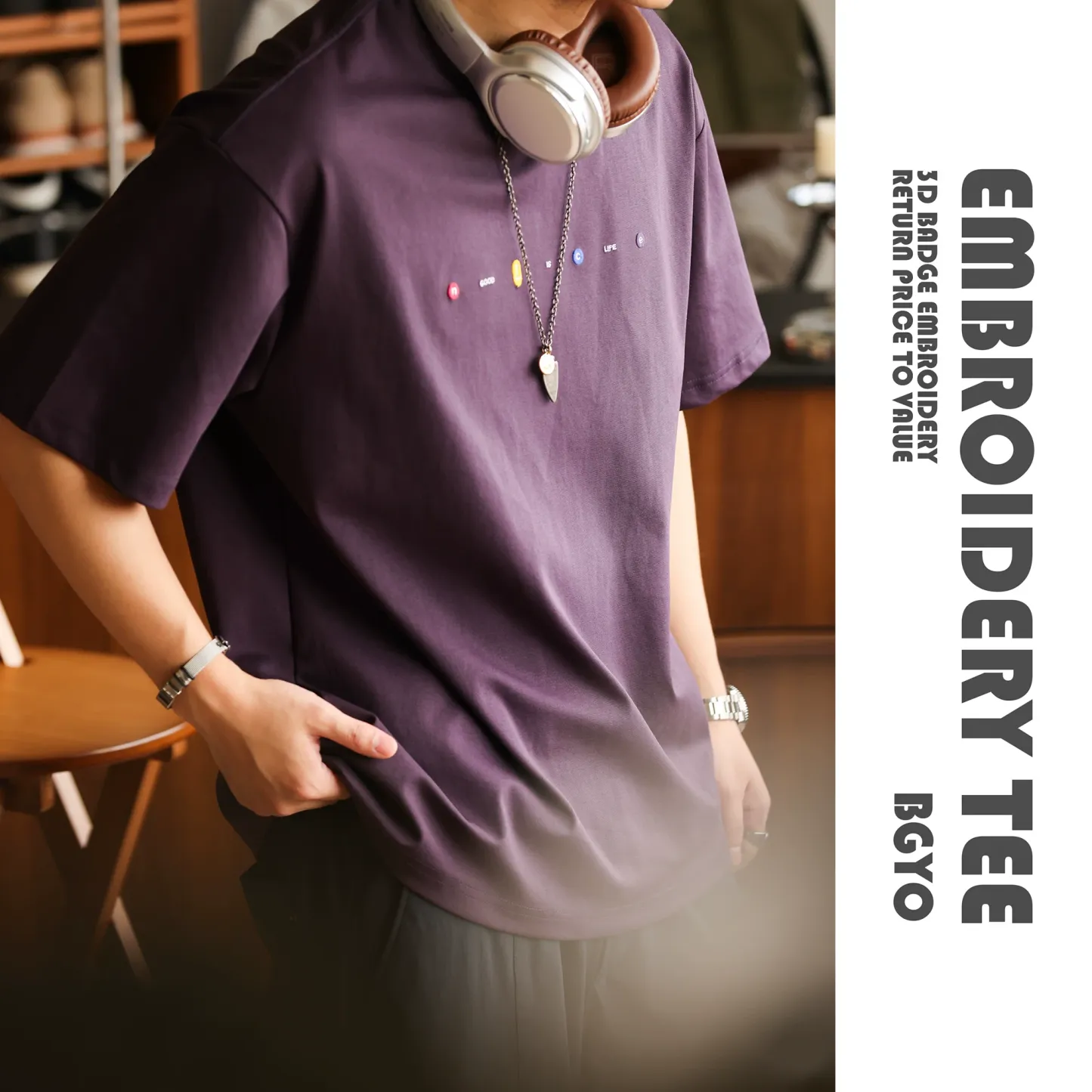 美式休閒刺繡短袖T恤男寬鬆簡約圓領親膚落肩袖打底TEE