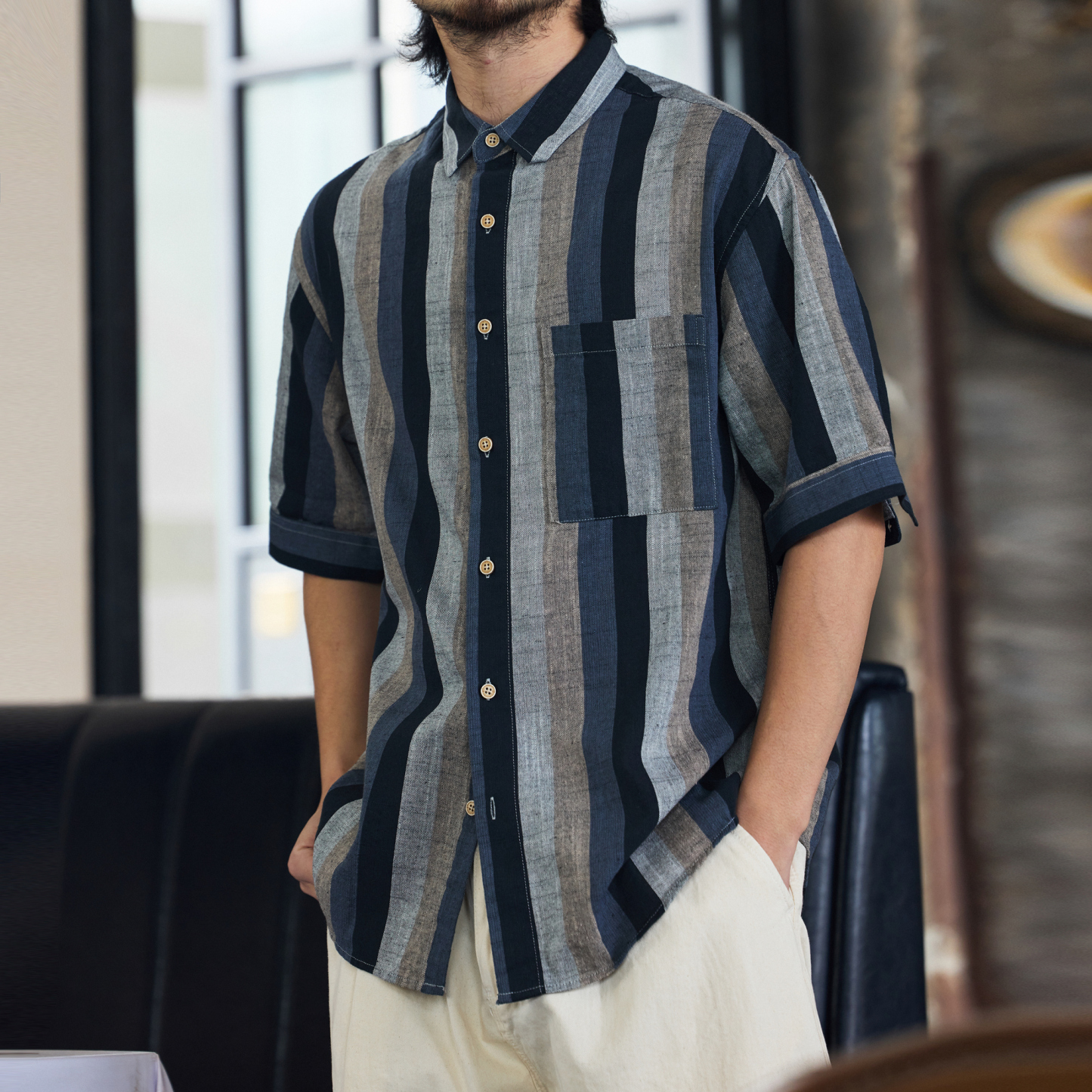 日系復古150g麻感短袖襯衫男民族風撞色條紋半袖襯衣夏