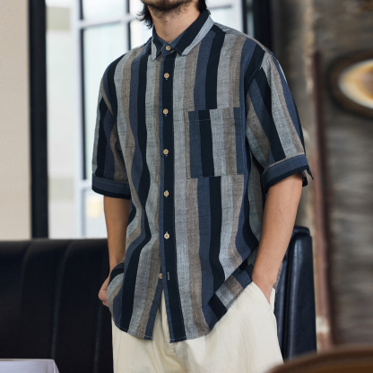 日系復古150g麻感短袖襯衫男民族風撞色條紋半袖襯衣夏