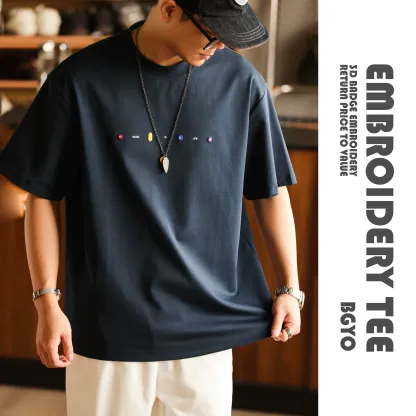 美式休閒刺繡短袖T恤男寬鬆簡約圓領親膚落肩袖打底TEE