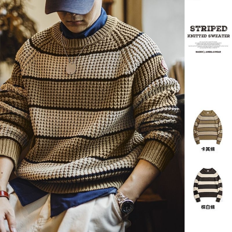 美式復古撞色鳳梨條紋毛衣肌理感套頭圓領打底針織衫男秋-Retro's Wear