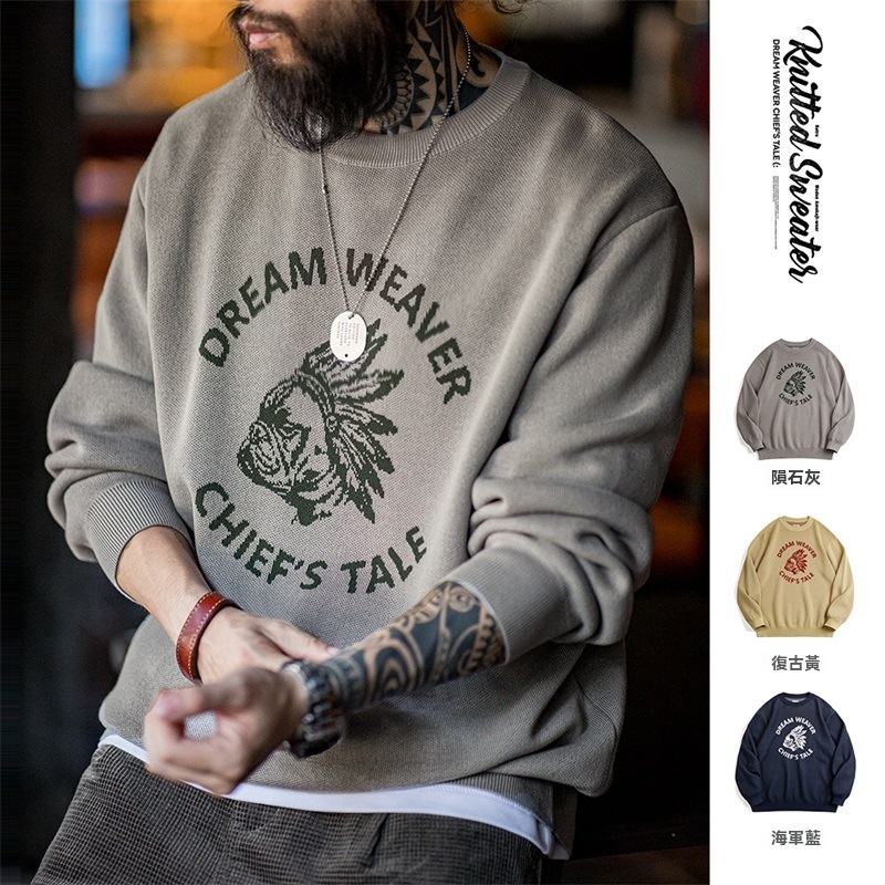 美式復古仿亞麻字母撞色毛衣阿美哢嘰套頭圓領針織衫男秋-Retro's Wear