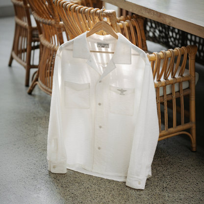 MRA 亞麻混紡古巴領長袖襯衫印第安刺繡老錢風涼感翻領白襯衣