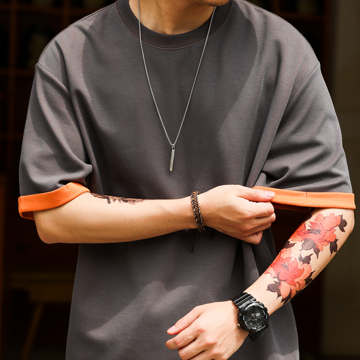 美式休閒雙面异色短袖T恤男230g凉感假兩件肌理感打底衫