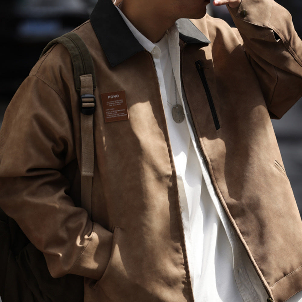 美式復古PU皮卡哈特夾克男質感痞帥廊型撞色翻領機車外套-Retro's Wear