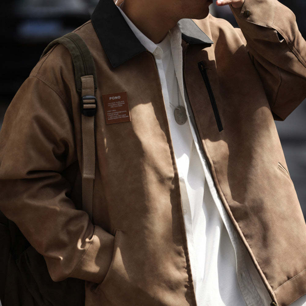 美式復古PU皮卡哈特夾克男質感痞帥廊型撞色翻領機車外套-Retro's Wear