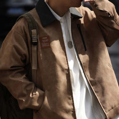 美式復古PU皮卡哈特夾克男質感痞帥廊型撞色翻領機車外套-Retro's Wear