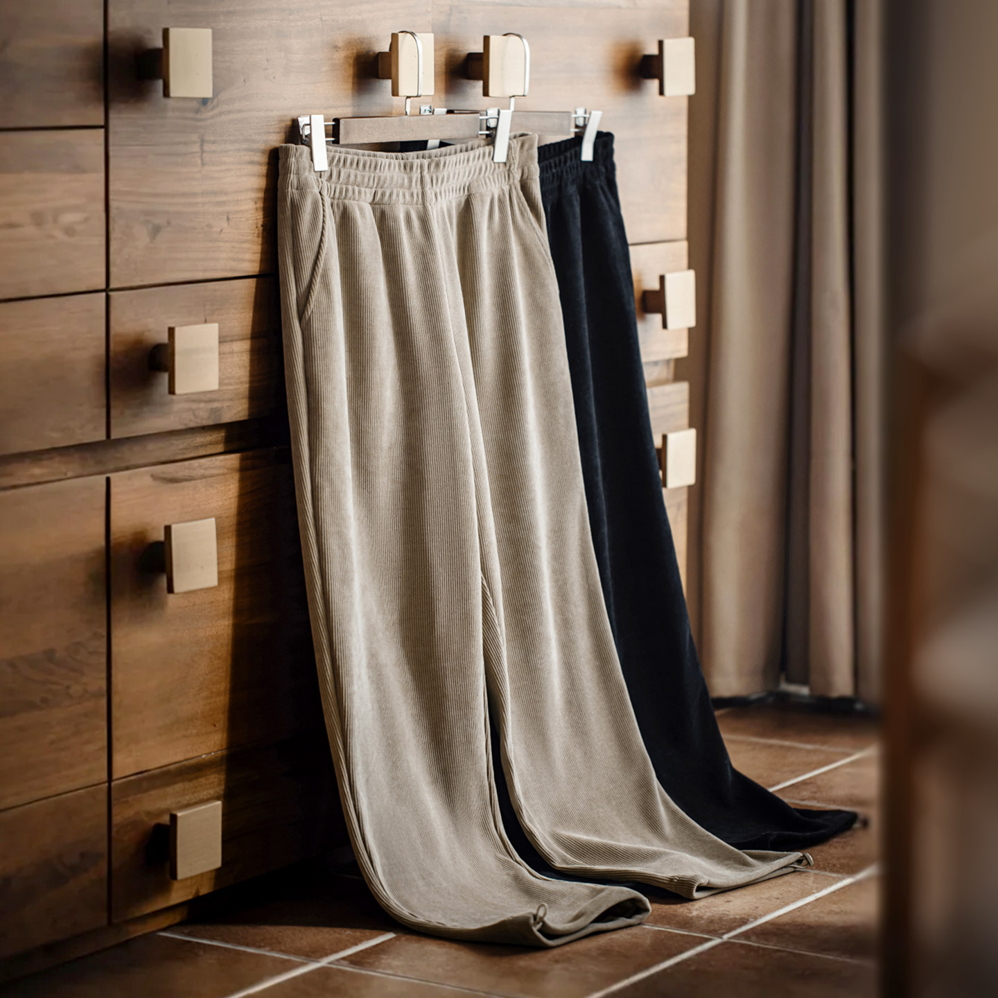 MRA380g重磅束脚雪尼爾衛褲垂感卡其色長褲仿燈芯絨休閒褲男