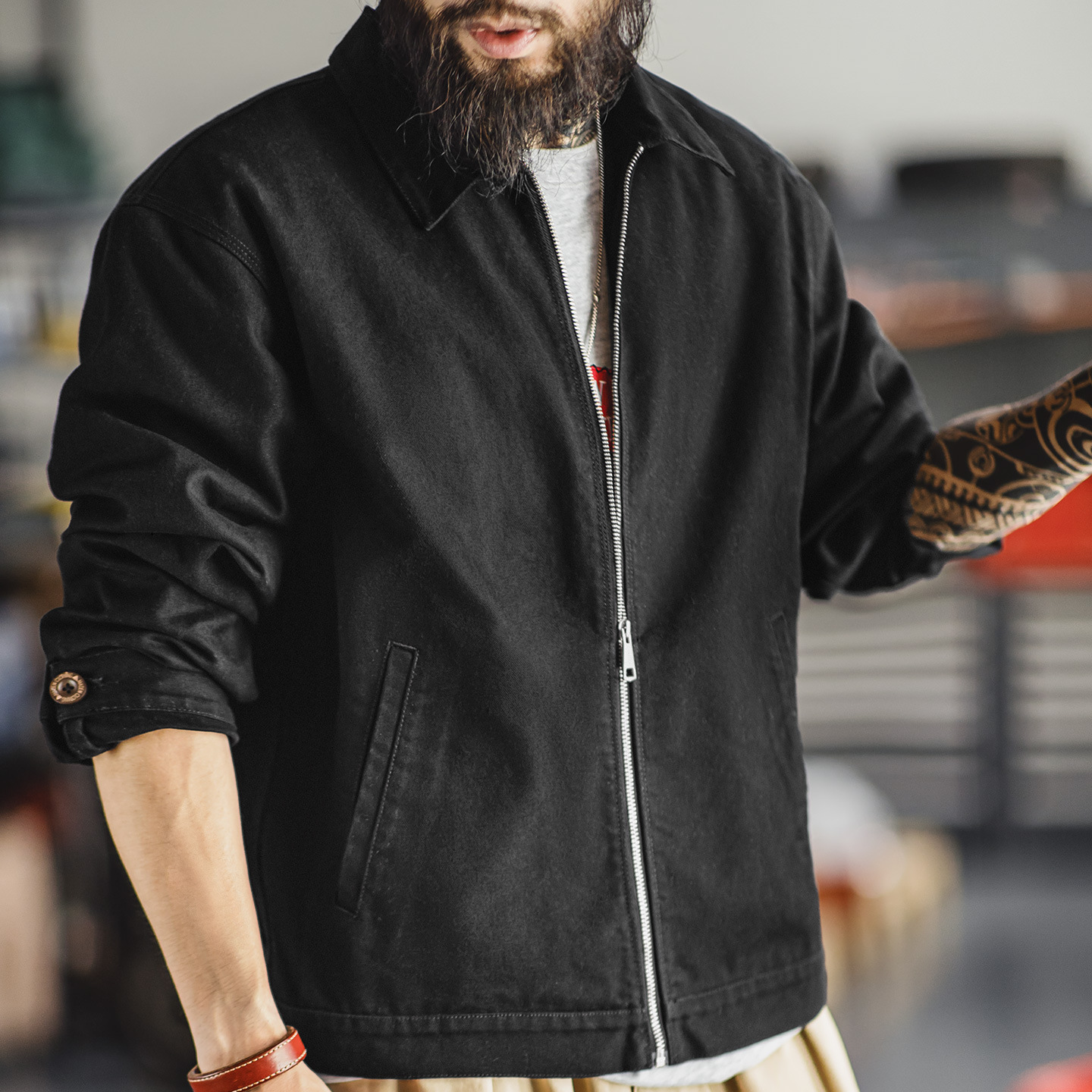 美式教練夾克翻領痞帥硬挺重磅短款黑色純棉行政外套男秋