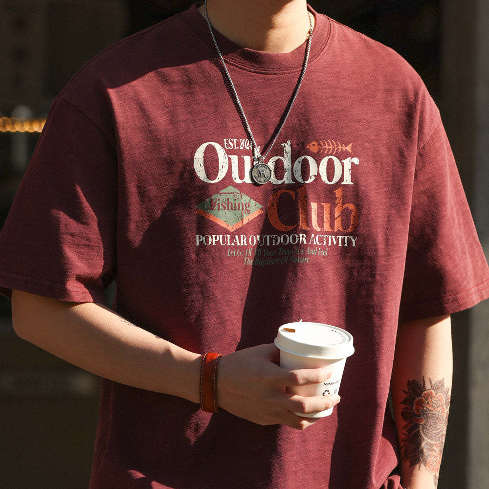 美式復古竹節棉圓領T恤男250g純棉圓領安可拉紅短袖TEE